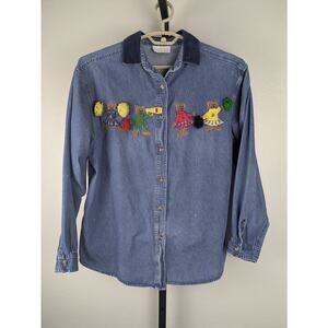 Casey & Max Denim Button Front Shirt Teddy Bear Cheerleaders Pom Pom measures XL